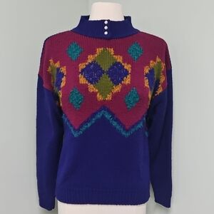 Vintage Spice of Life 80s Geometric Knit Sweater Bold Color Block Pullover Retro